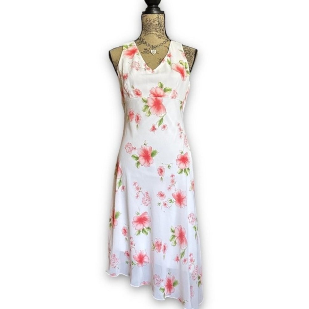 Y2K Jessica White Floral Asymmetrical Midi Dress Size 8